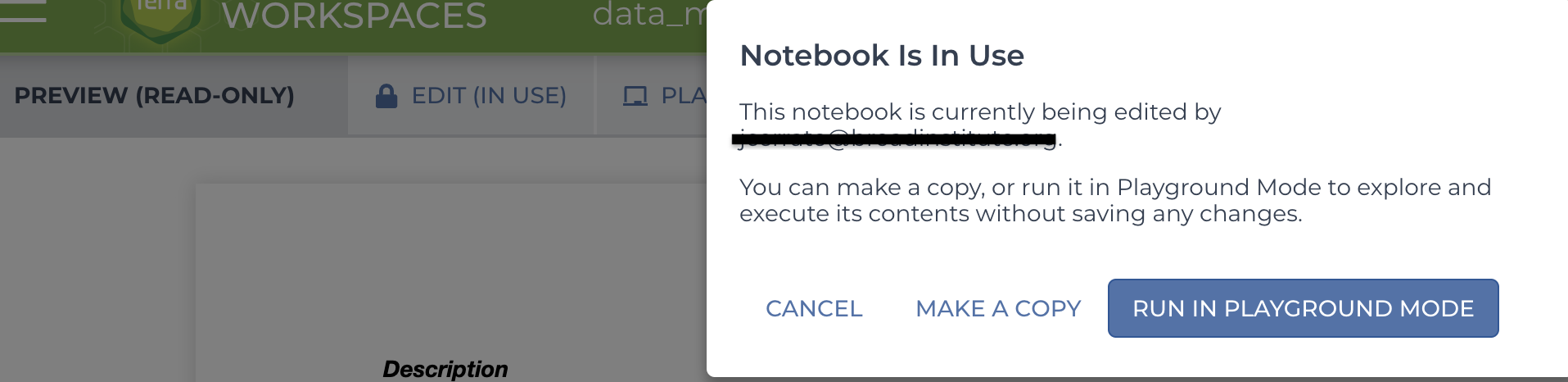 Pop-up message that lets a user know that the Notebook Is In Use, with options to Make a Copy or Run in Playground Mode