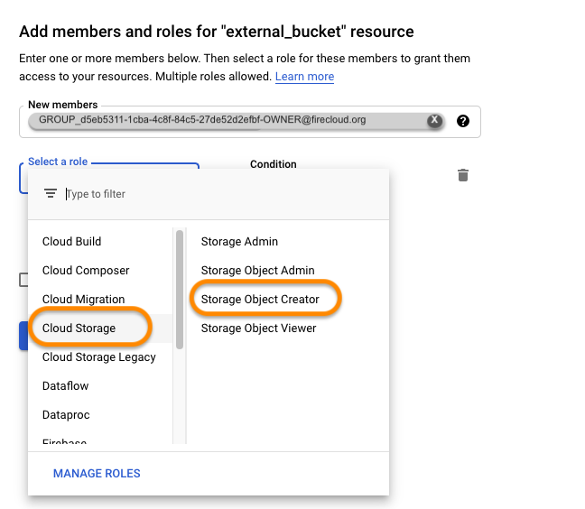 Screenshot of the 'Add members' popup with 'GROUP_d5eb5311-1cba-4c8f-84c5-27de52d2efbf-OWNER@firecloud.org in the 'New members' field and 'Cloud storage' + 'Storage object creator' cirlced in the 'Select a role' dropdown.