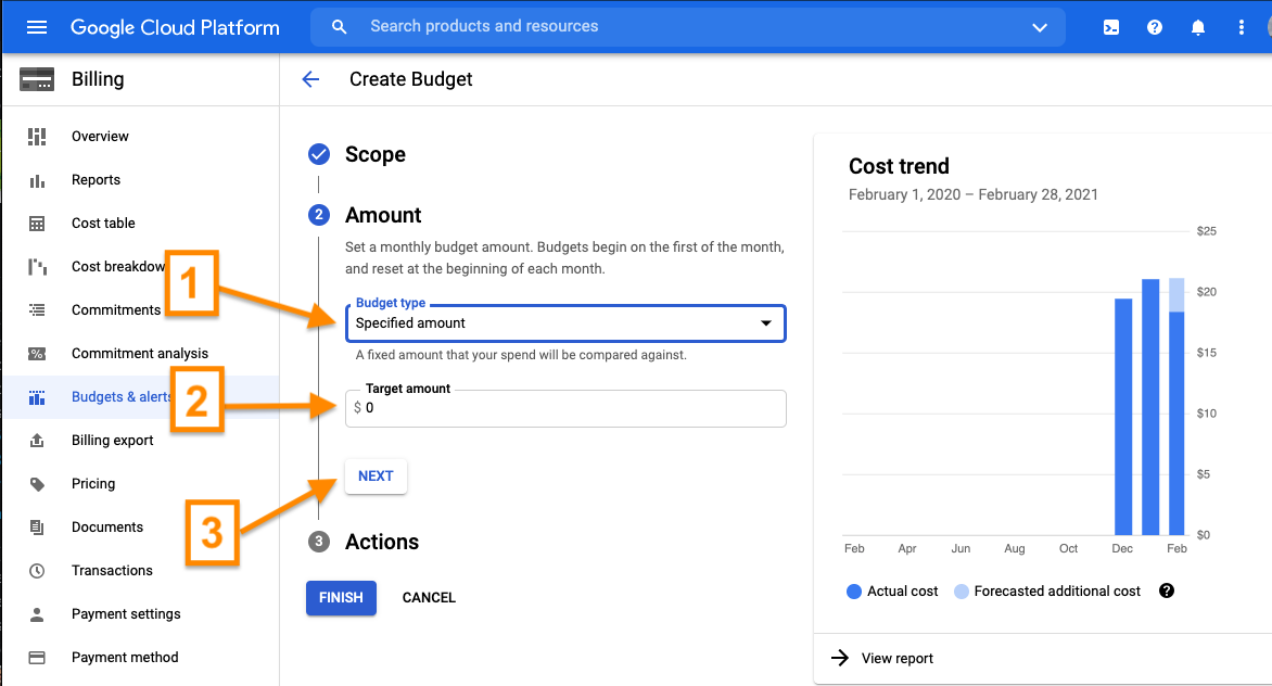 Screenshot of GCP console with steps 2.1 to 2.3 highlighted