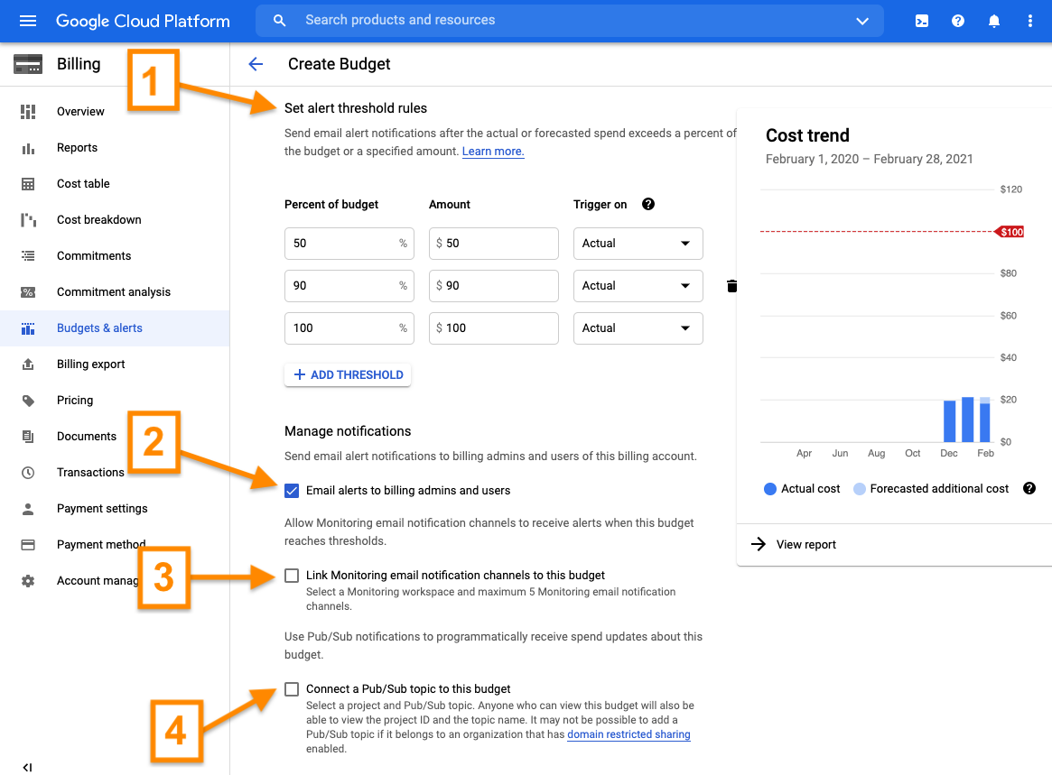 Sscreenshot of GCP console with arrows pointing to checkboxes for options 3.1 to 3.4 described below