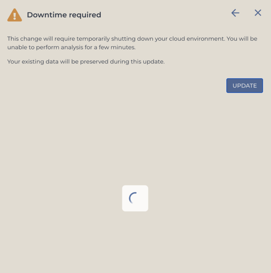 An alert stating that downtime is required for Terra, and that this change will require temporarily shutting down your cloud environment.