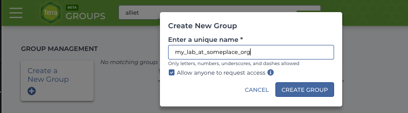 Screenshot of the Create a New Group popup with my_lab_at_someplace_org in the enter a unique name field