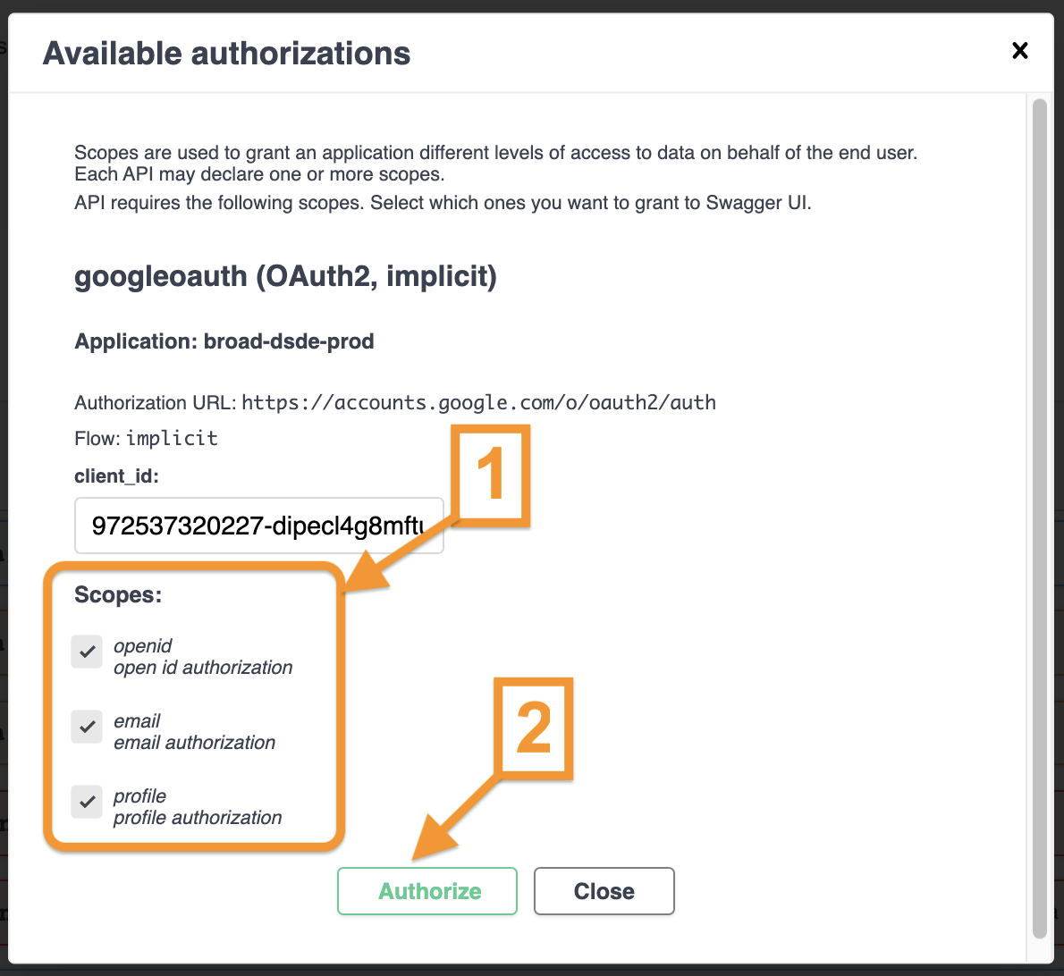 Screenshot of the Available authorizations popup with and arrow and the number one pointing to all three scopes checked and an arrow and number two pointing to the green authorize button at the bottom right