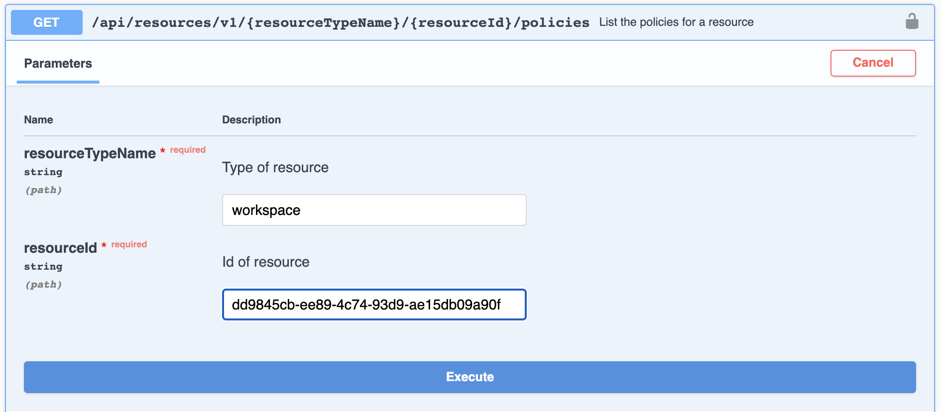Screenshot of the parameters part of the Swagger page with 'workspace' in the 'Type of resource' field and the Google bucket d5eb5311-1cba-4c8f-84c5-27de52d2efbf in the 'id of resource' field