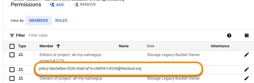 Screenshot of Members permissions in GCP console with 'policy-d5eb5311-1cba-4c8f-84c5-27de52d2efbf-OWNER@firecloud.org circled under the 'Member' column