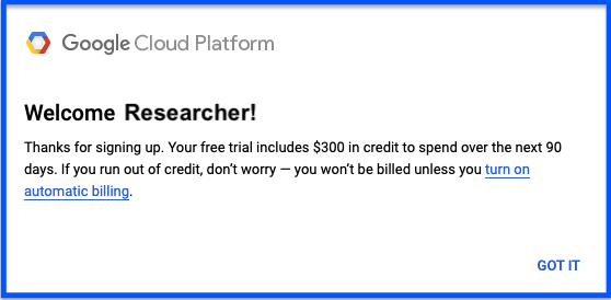 Screenshot of GCP free credit welcome screen highlighting sentence that you won't be charged without permission