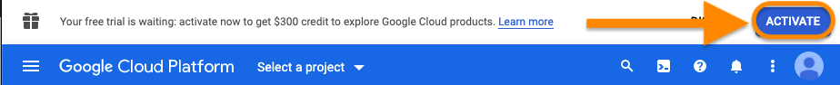 Screenshot of Google cloud console page with activate button to start free credits (at right) highlighted