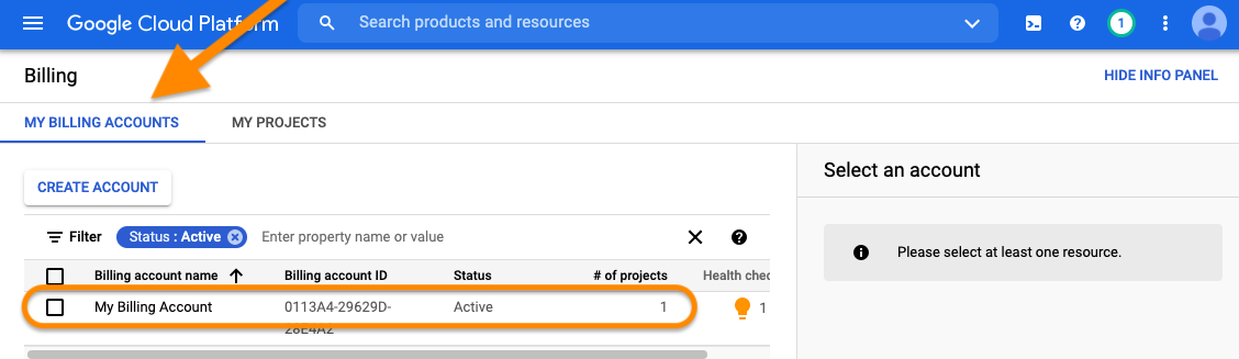 Screenshot of Billing page on GCP console with My Billing Account highlighted