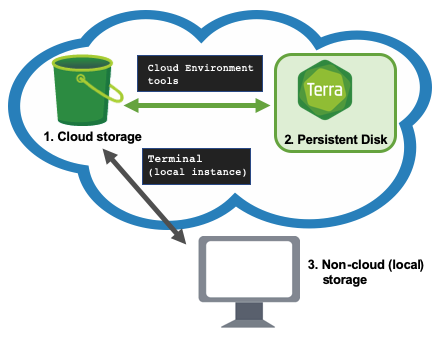 Diagram illustrating how data can move between Persistent Disk storage, Cloud storage, and local storage. A green double-ended arrow connects Cloud storage and Persistent Disk storage. This arrow is labeled 'Cloud Environment tools'. A black double-ended arrow connects Cloud storage and local storage. This arrow is labeled 'Terminal (local instance)'.