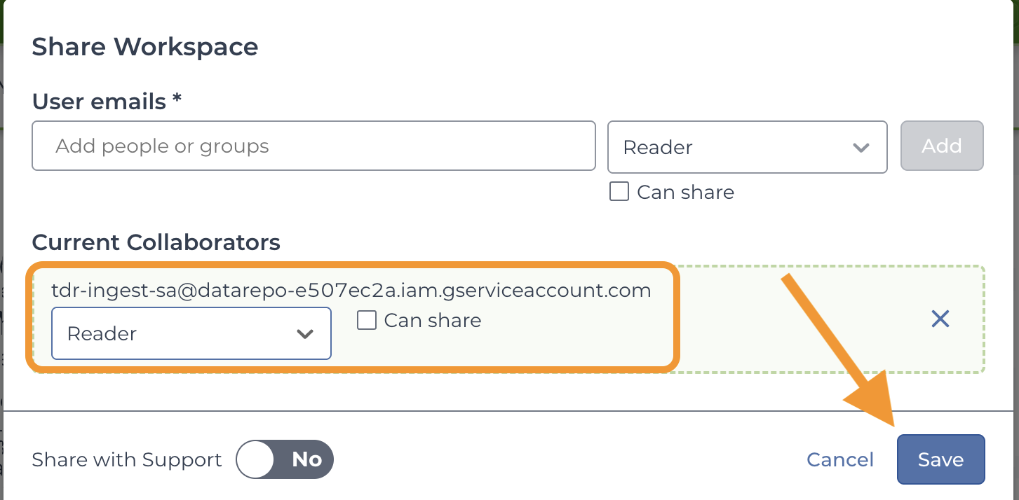 TDR-self-service-ingest_Screenshot-of-share-workspace-popup-with-tdr-ingest-sa-added.png