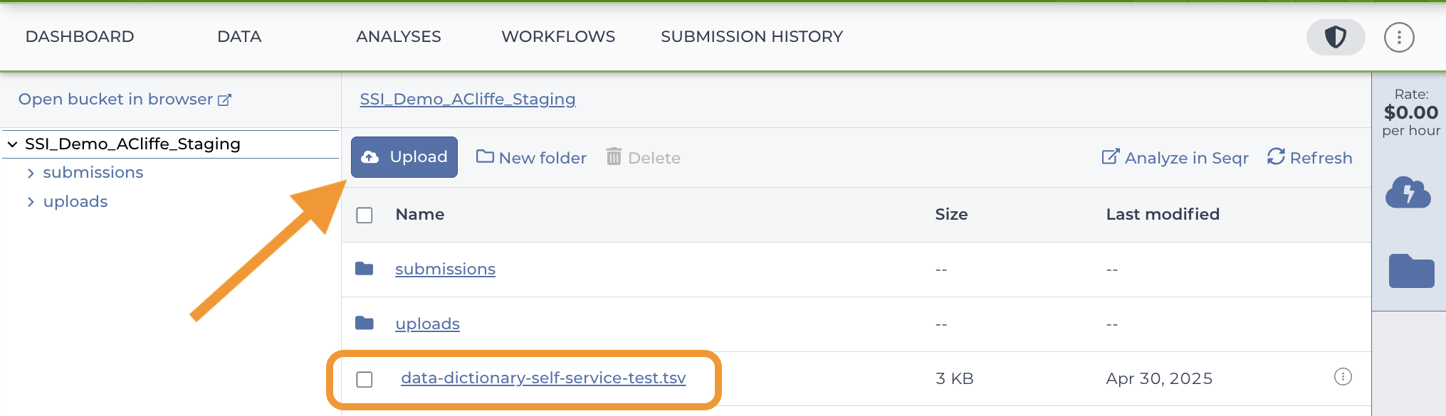 TDR-self-servic-ingest_Screenshot-of-data-dictionary-in-staging-workspace-Bucket-with-arrow-pointing-to-the-upload-button.png