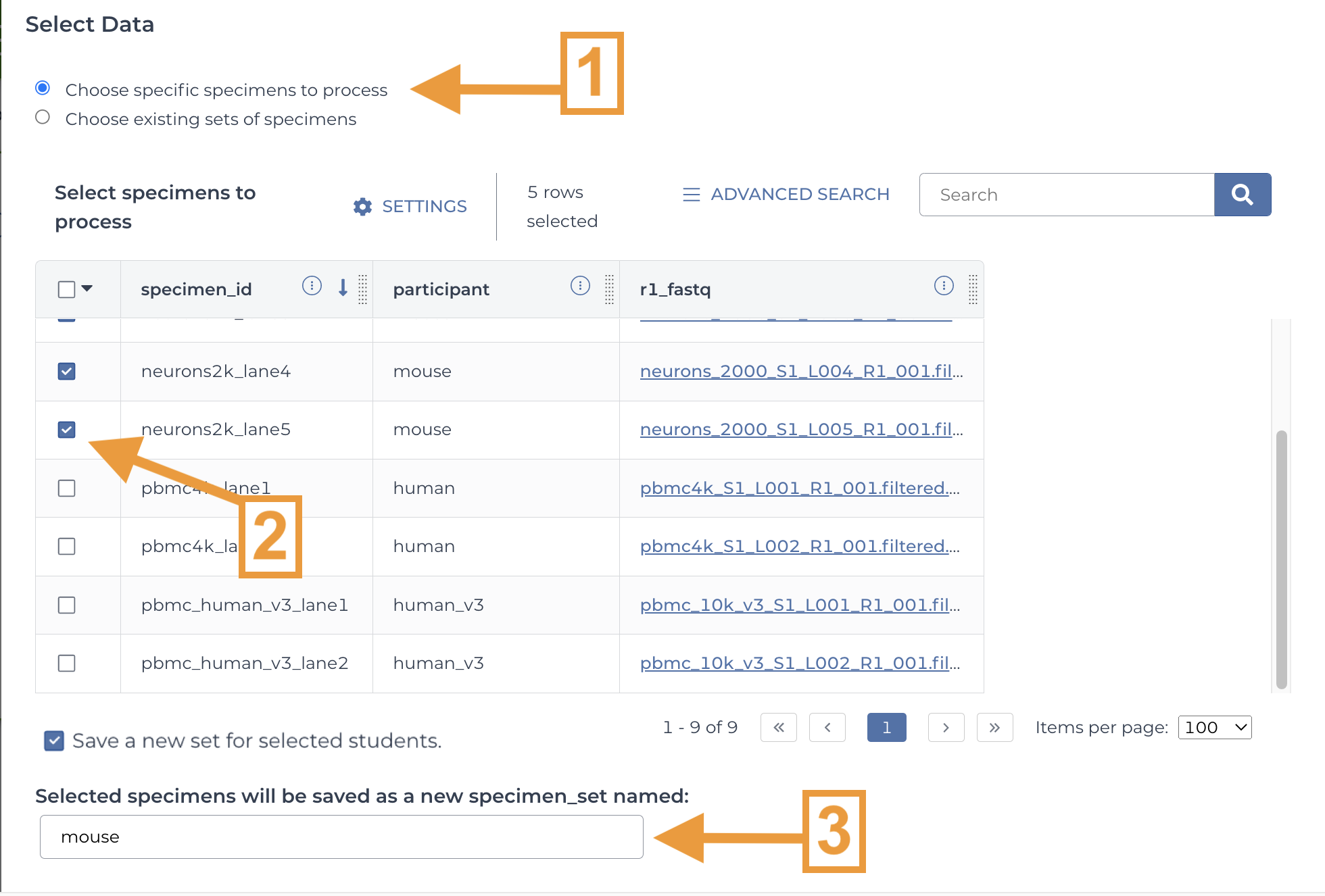 Screenshot of Select Data form with 'Choose specific specimens to process radio button highlighted (step 1), two rows of data checked off (step 2), and field labeled 'Selected specimens will be saved as a new set named' filled in (step 3)