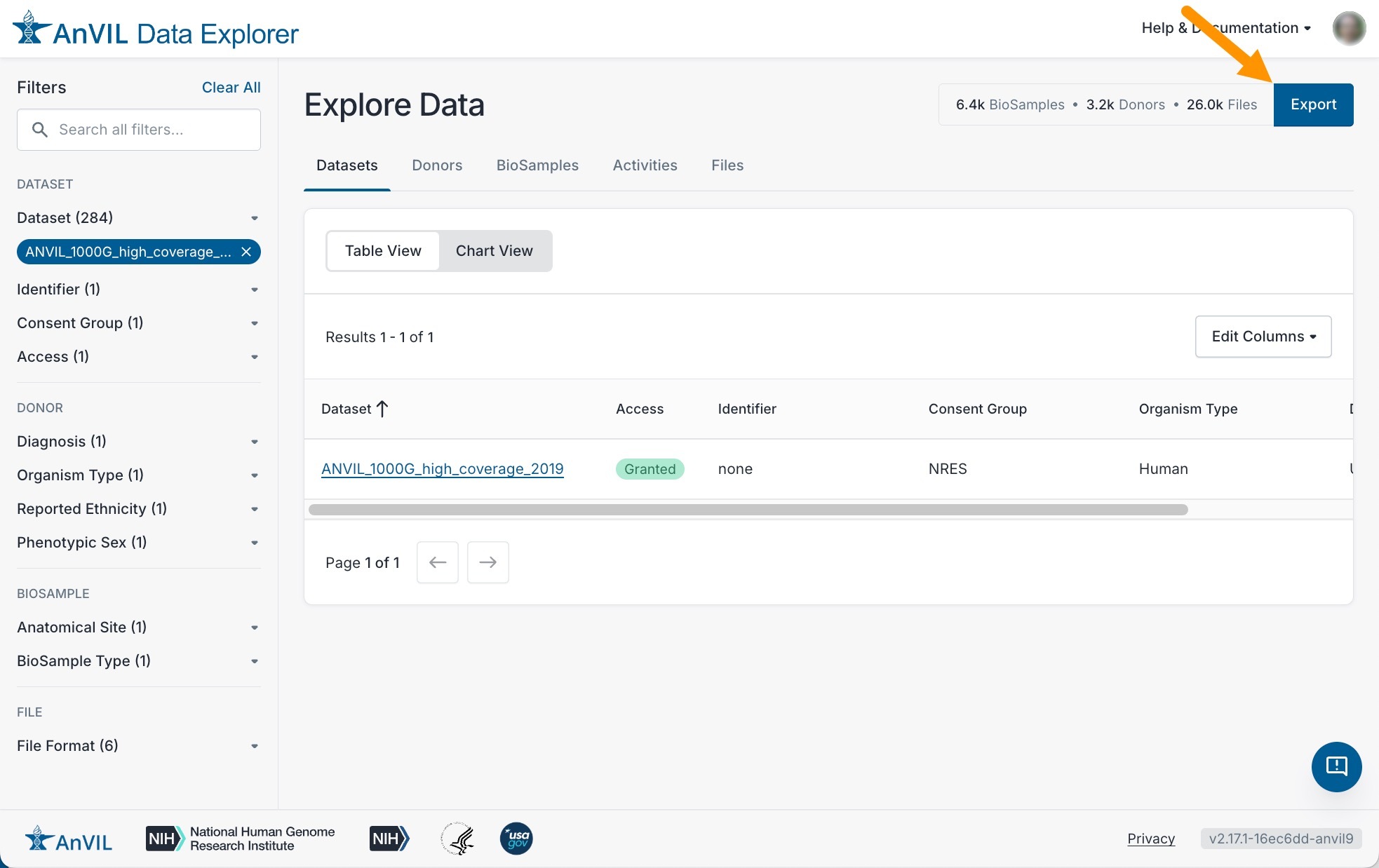 AnVIL-Data-Explorer_Screenshot-of-Explore-data-page-with-the-AnVIL-1kg_high-coverage-dataset-selected-and-an-arrow-pointing-to-the-Export-button-at-the-top-right.jpg
