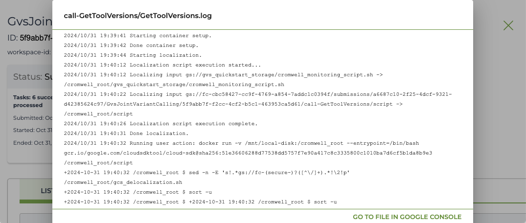 A screenshot of a preview of a task's backend log.