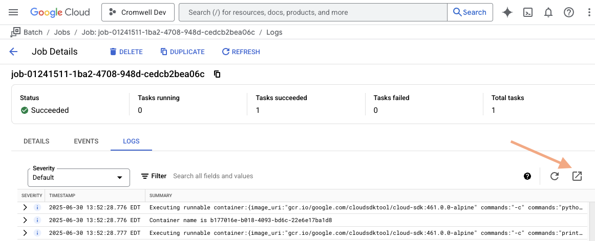 A screenshot showing the icon to click to open Logs Explorer.