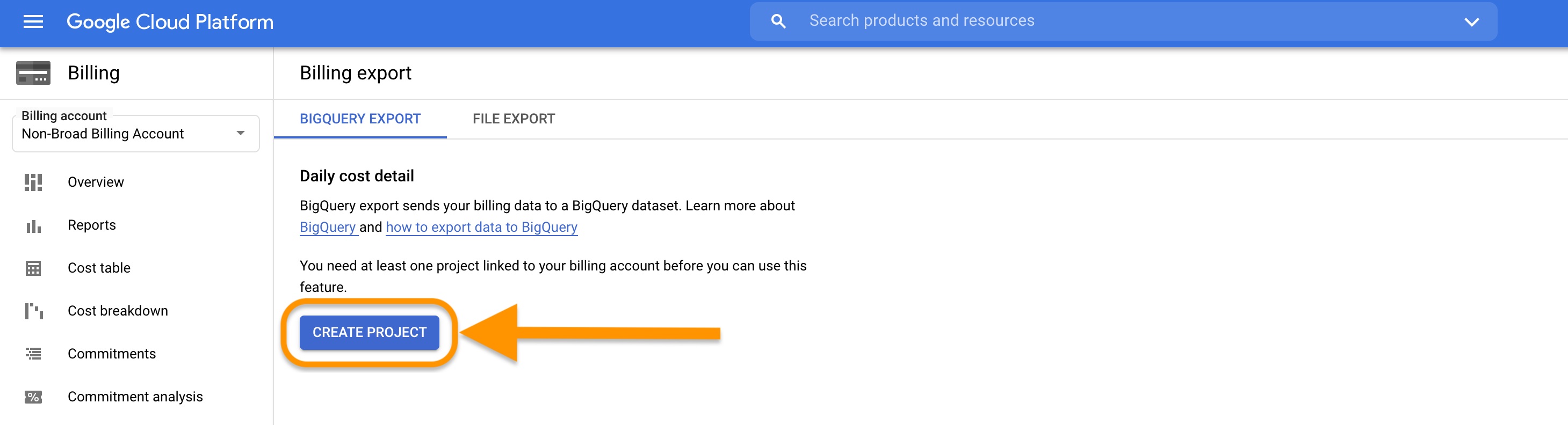 Screen shot of Google prompt to create a project for cost reporting