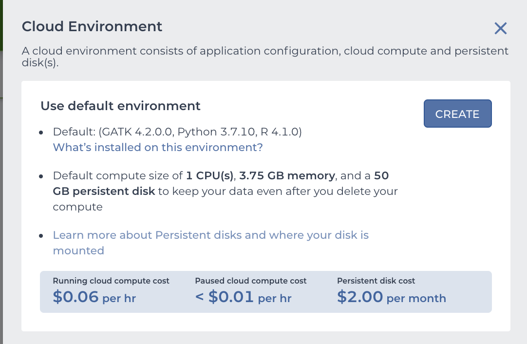 Screenshot of Cloud environment configuration pane with 1 CPU of compute, 3.75GB of RAM, and a 50 GB persistent disk