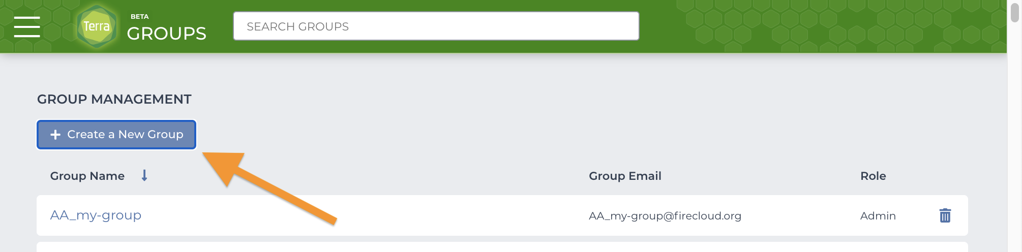 Screenshot of Groups page in Terra pointing out the 'Create a new group' button at the top