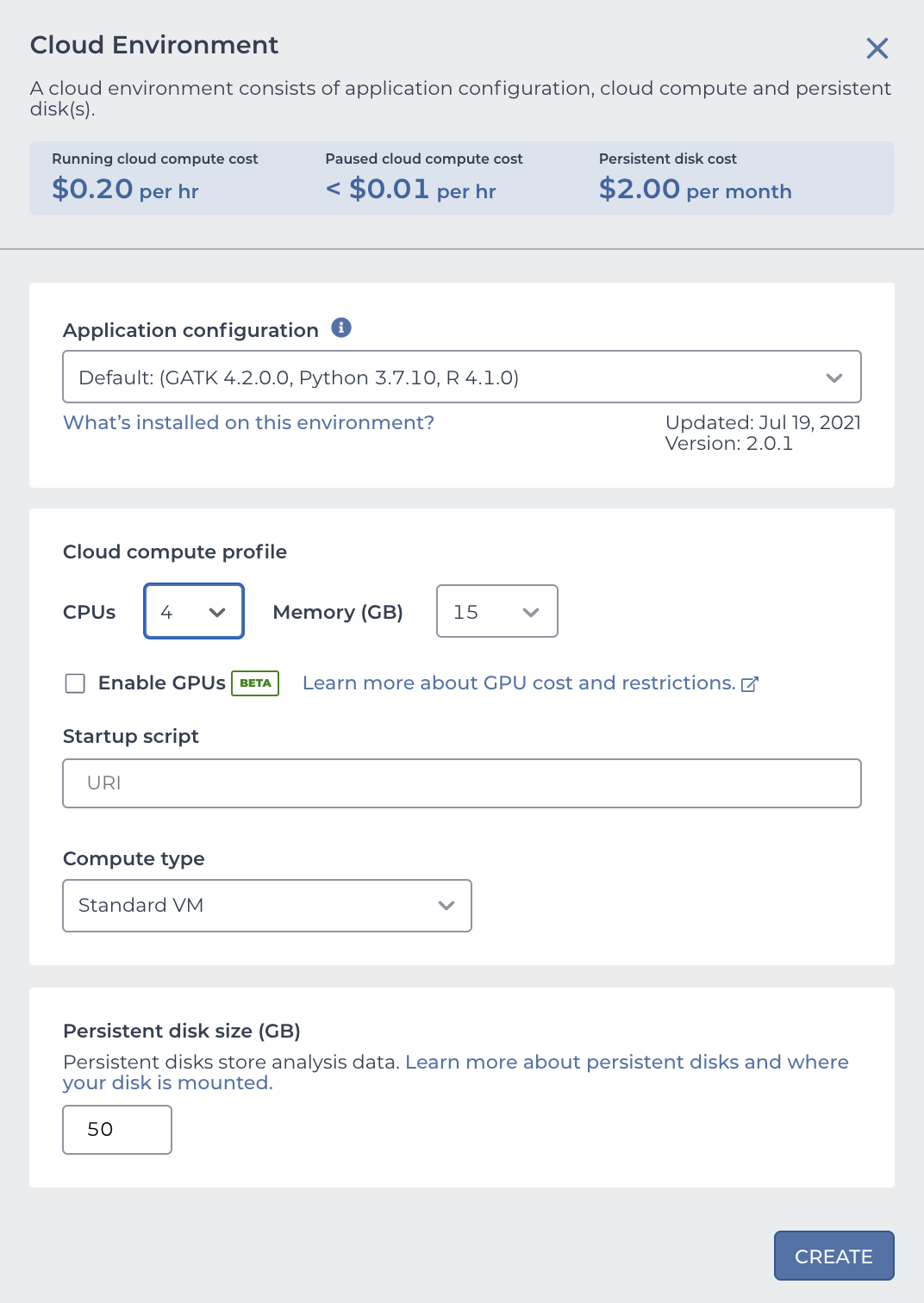 Screenshot of cloud environment configuration pane with the estimated cost of a running and paused VM and customization options for conpute profile - VM type and size - and persistent disk size and type