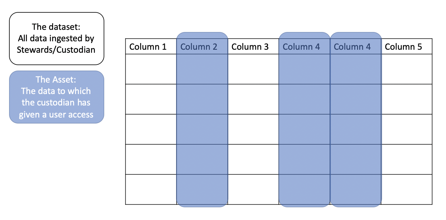 Diagram schematizing a TDR dataset asset. The dataset contains one data table with 5 columns. Blue rectangles highlight three of the columns, which make up the asset.