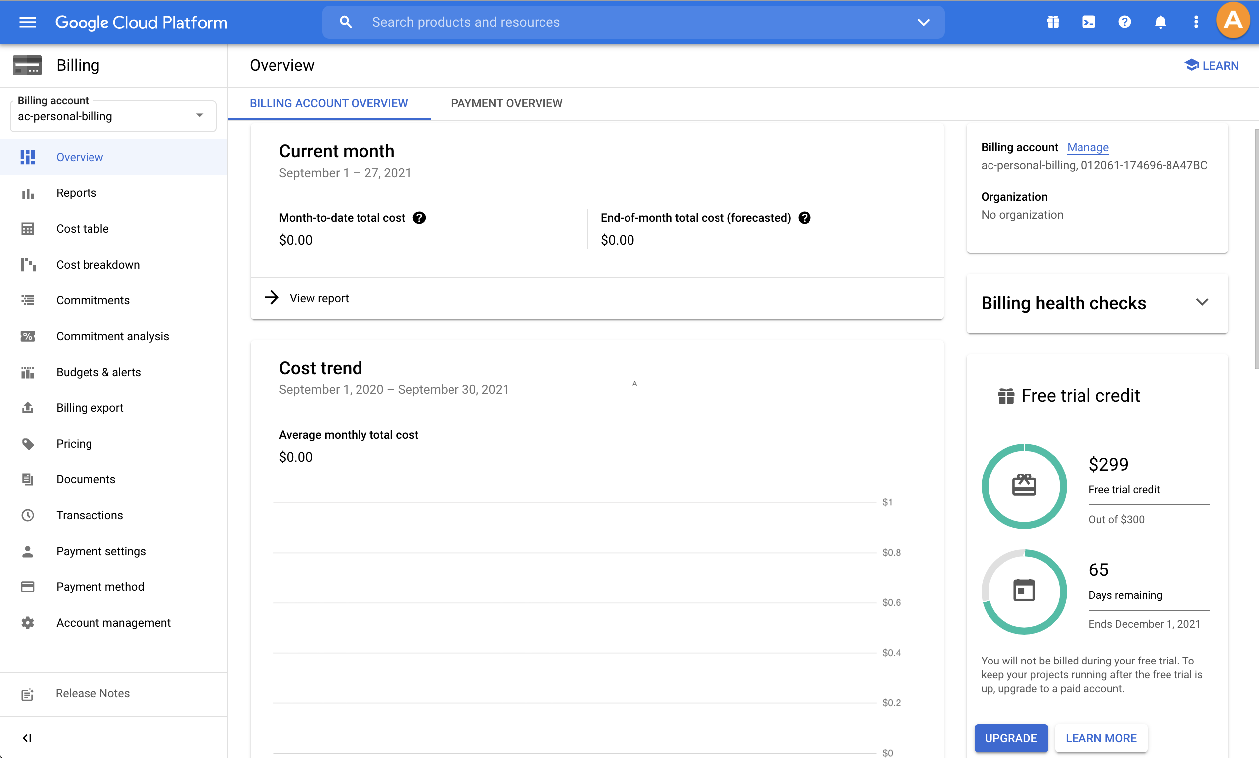 Screenshot of free credits remaining at the right hand side of the Billing Overview page in GCP console.