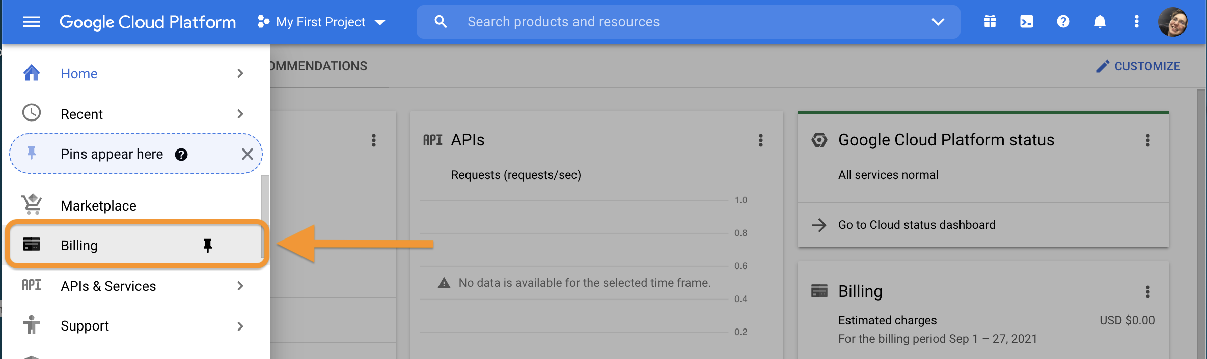 Screenshot of GCP console page with main menu expanded and a circle highlighting the billing option