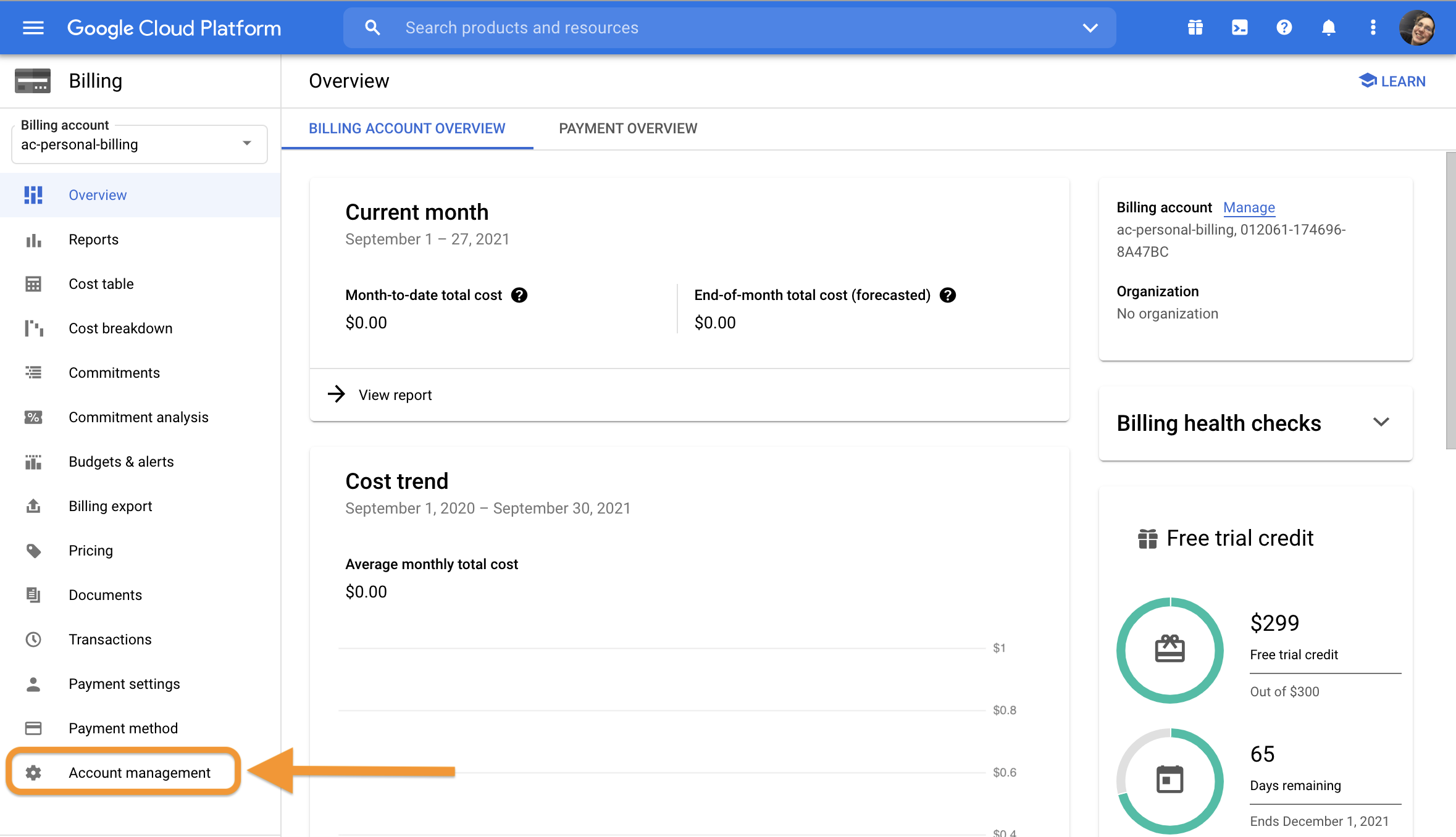 Screenshot of the billing page in GCP console with account management circled in the left navigation