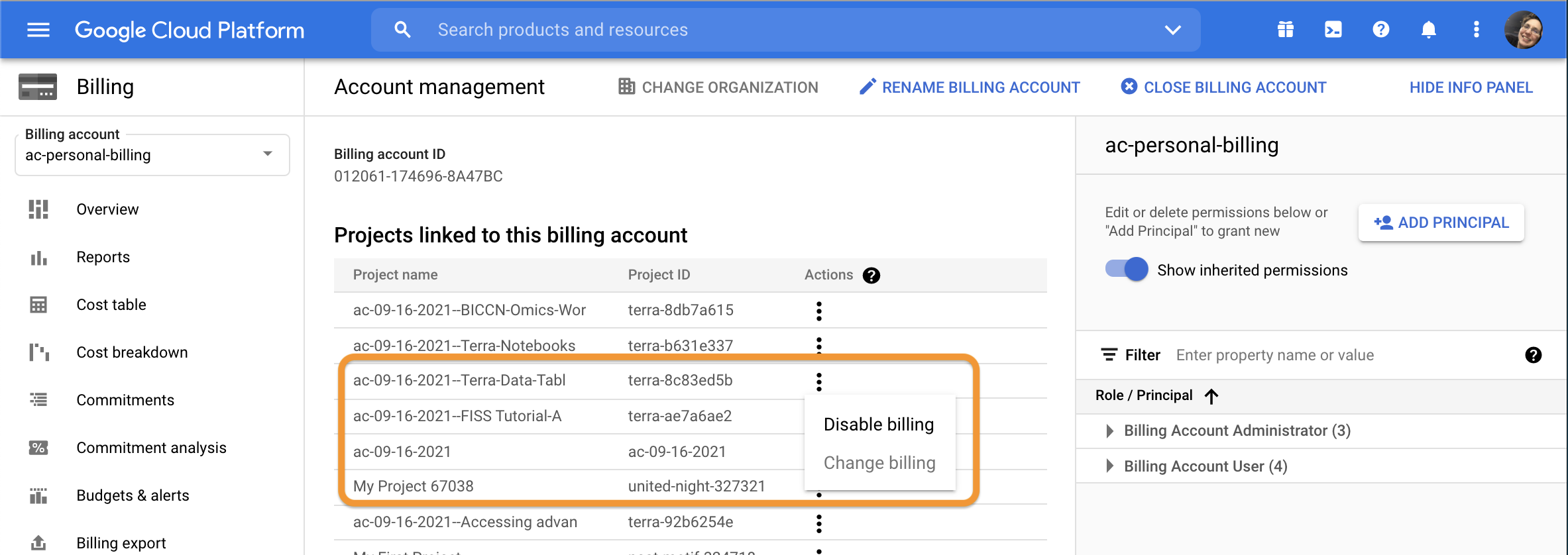Screenshot of billing page on GCP with list of projects linked to the billing account and projects created by Terra circled