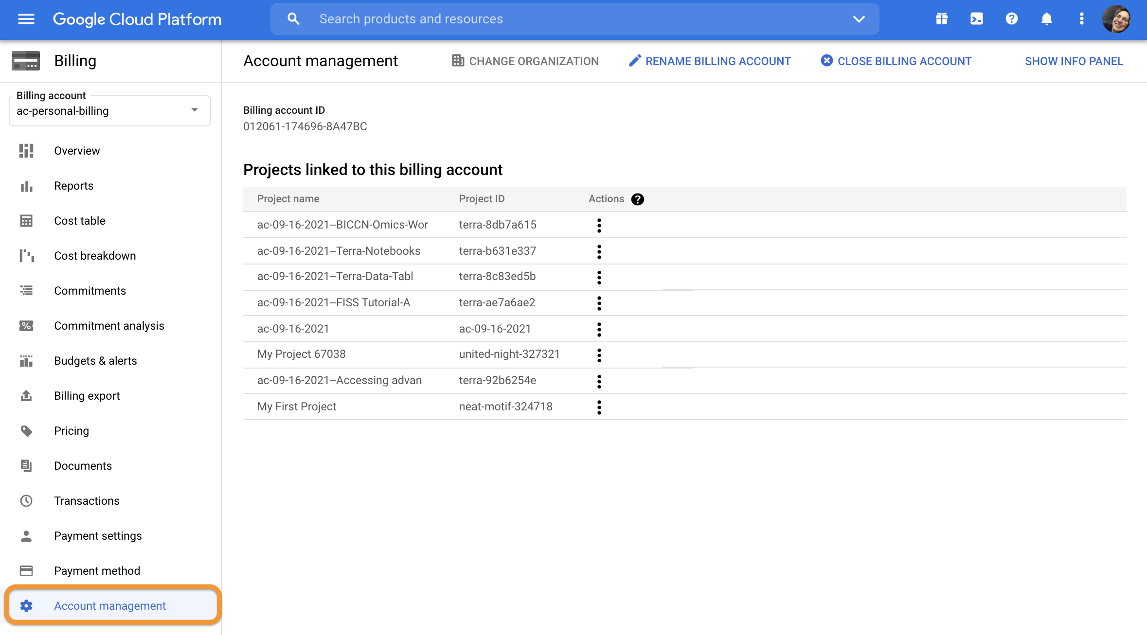 Screenshot of Google Cloud Billing account management screen on GCP with a list of eight Google projects linked to the Google Billing account