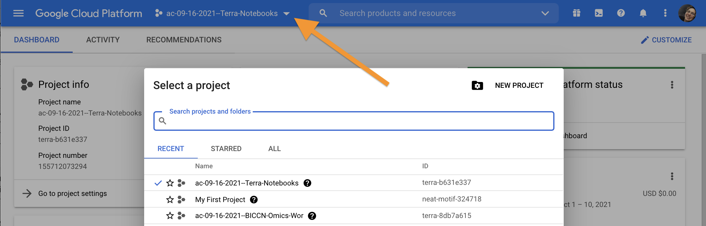 Screenshot of billing page in GCP console with arrow pointing to the Select workspace project field at the top