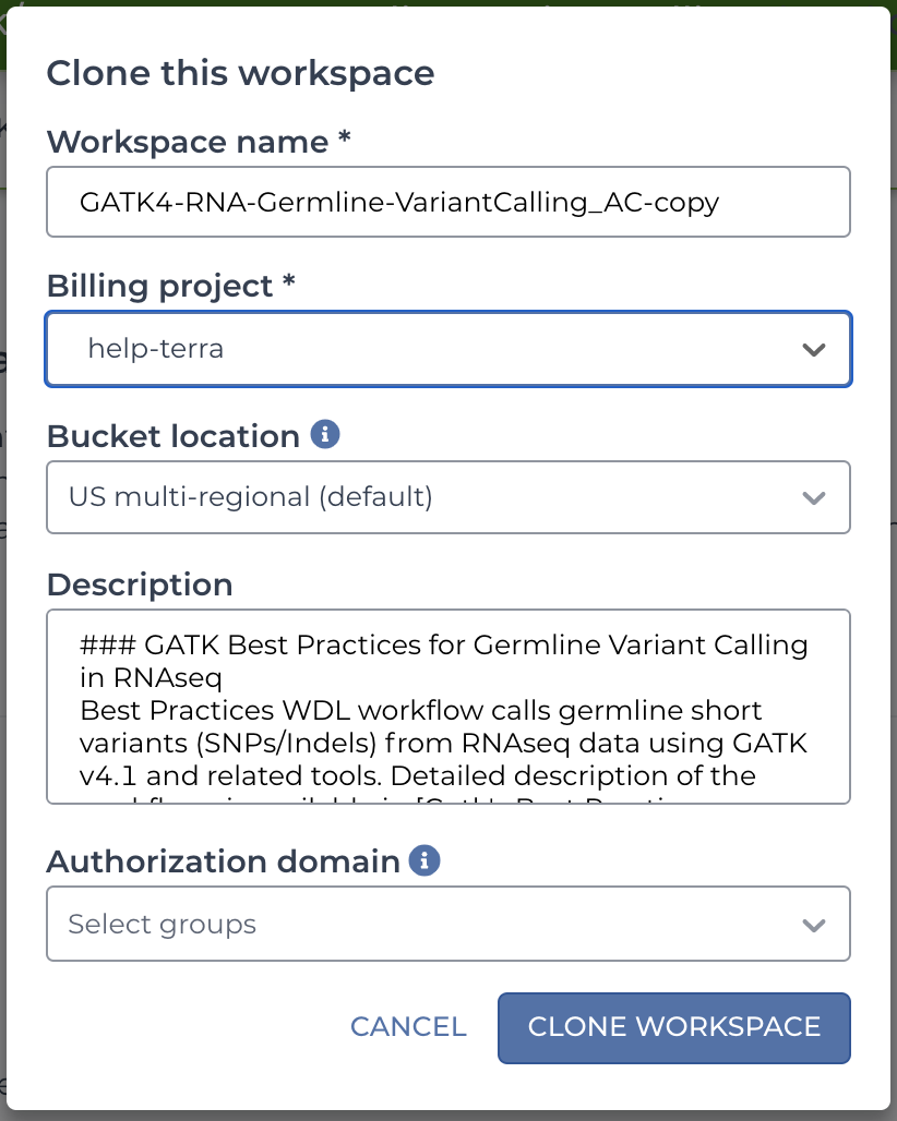 Screenshot of 'Clone this workspace' pane with fields for workspace name, billing project, bucket location, workspace description and optional authorization domain
