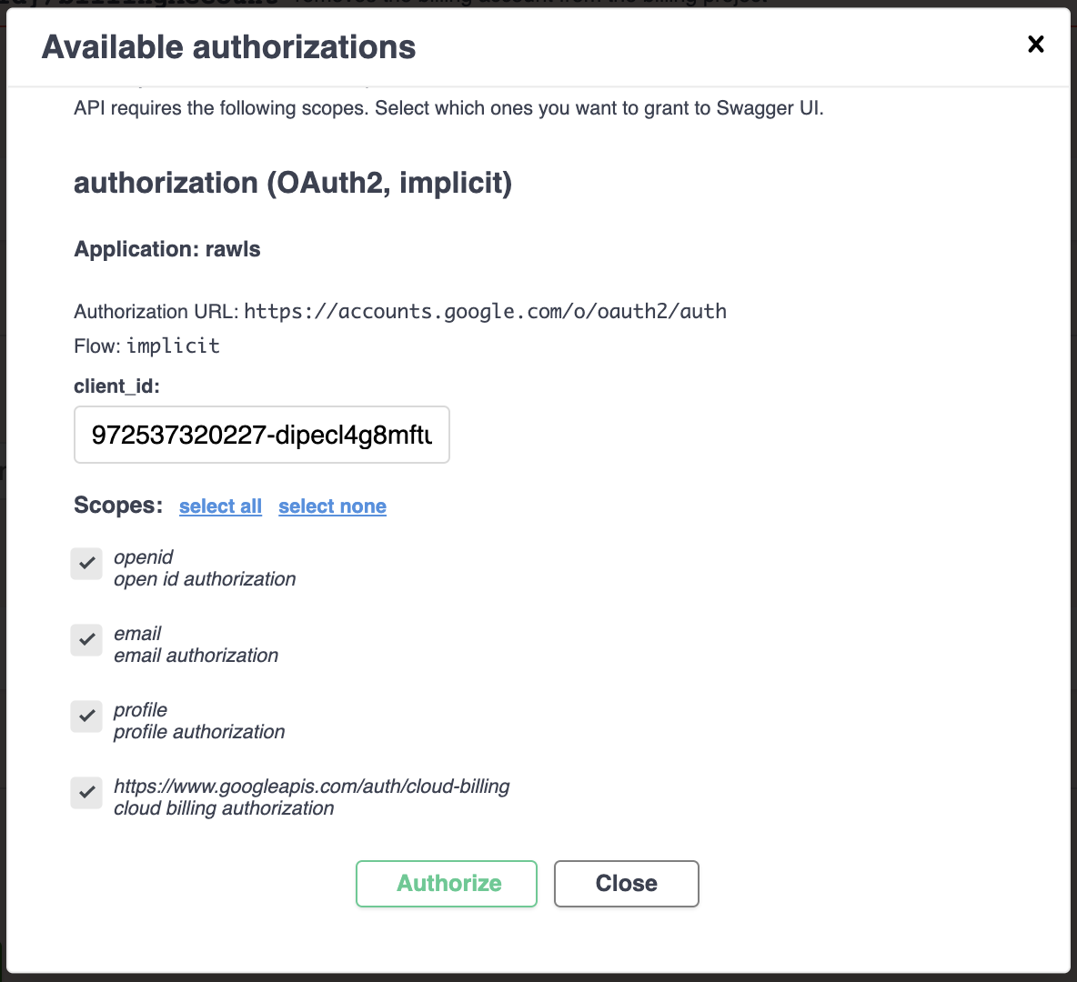 Screenshot of Swagger authorization form with all four authorizations checked