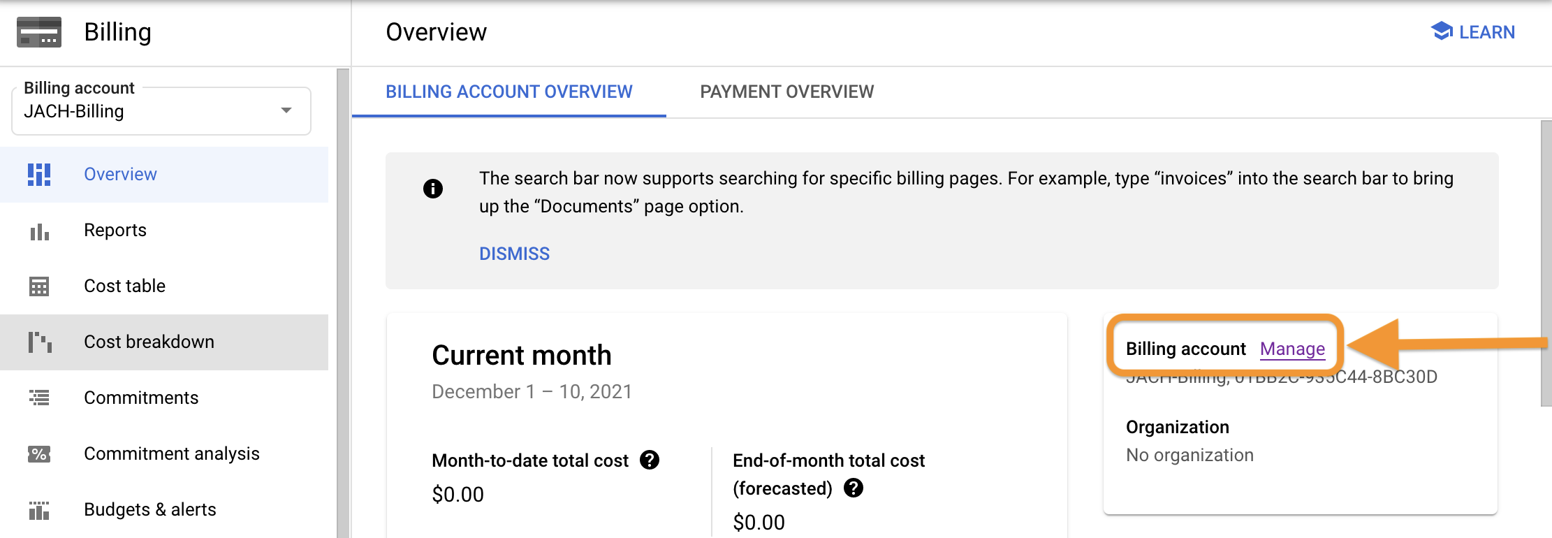 Screenshot of Billing page for Google Cloud account 'JAC-Billing' with arrow pointing to 'Billing account: Manage' link in right hand column