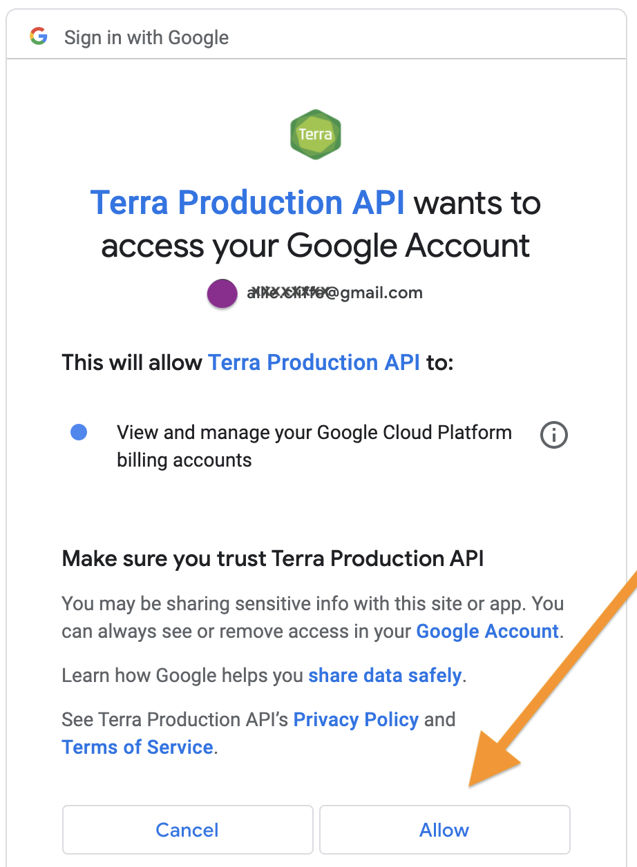 Screenshot of 'Terra production API wants to access your Google account popup with arrow pointing to the 'Allow' button