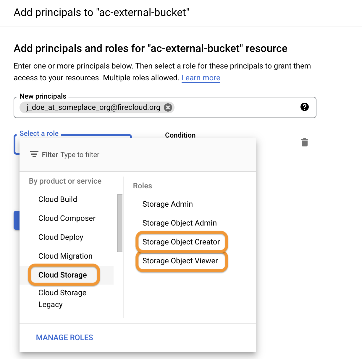 Screenshot of Add principals and roles and roles for 'ac-external-bucket' resource page with 'j_does_at_someplace_org' in the new principals field and 'Cloud storage' + 'Storage object creator' +'Storage object viewer' highlighted in the 'select a role' field