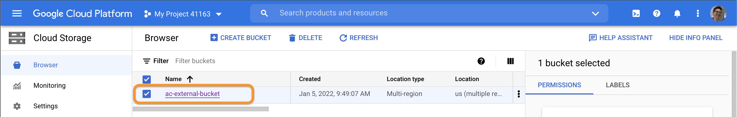 Screenshot of storage browswer on GCP console with an example bucket called ac-storage-bucket highlighted