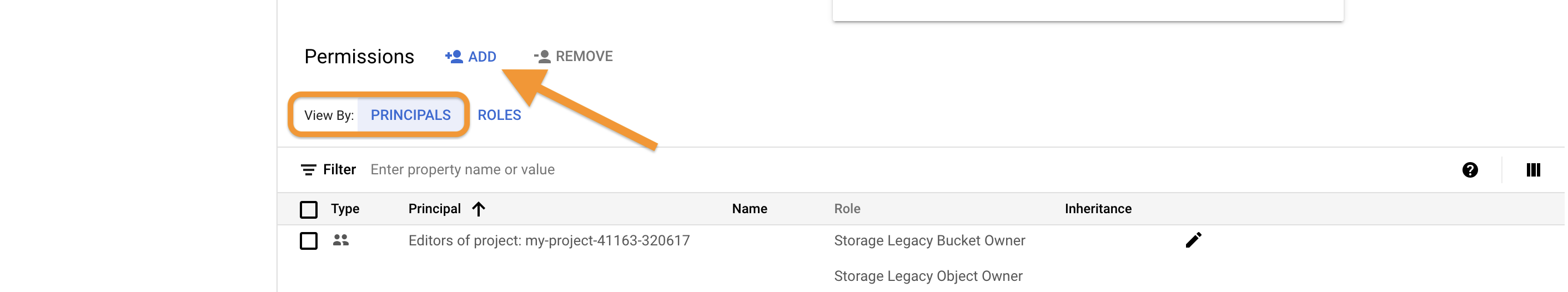 Screenshot of the permissions page on the GCP console for an example bucket called ac-external-bucket. The 'view by principals' tab is highlighted and an arrow is pointing to the add button
