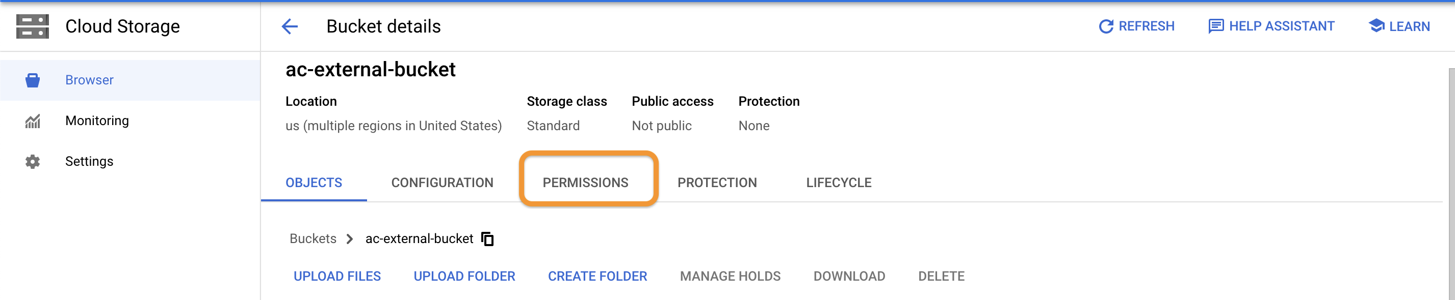 Screenshot of the details page on the GCP console for an example bucket called ac-external-bucket. The permissions tab is highlighted
