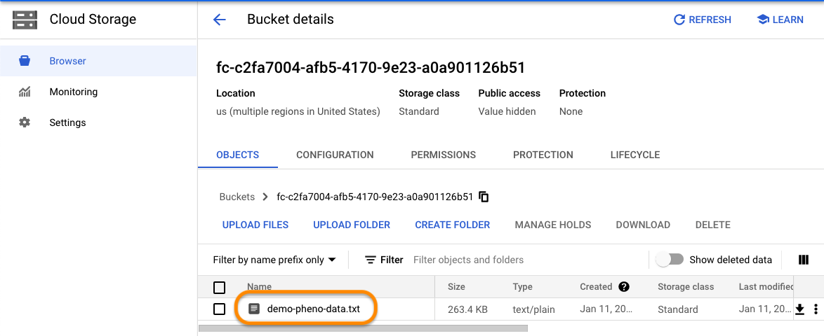 Screenshot of bucket details in the storage page in GCP console with the file demo-photo-data.txt highlighted