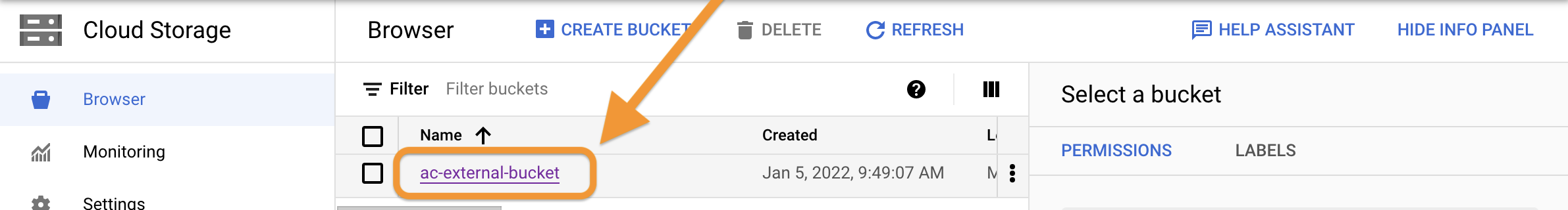 Screenshot showing the bucket link to click on the Google Cloud Console.