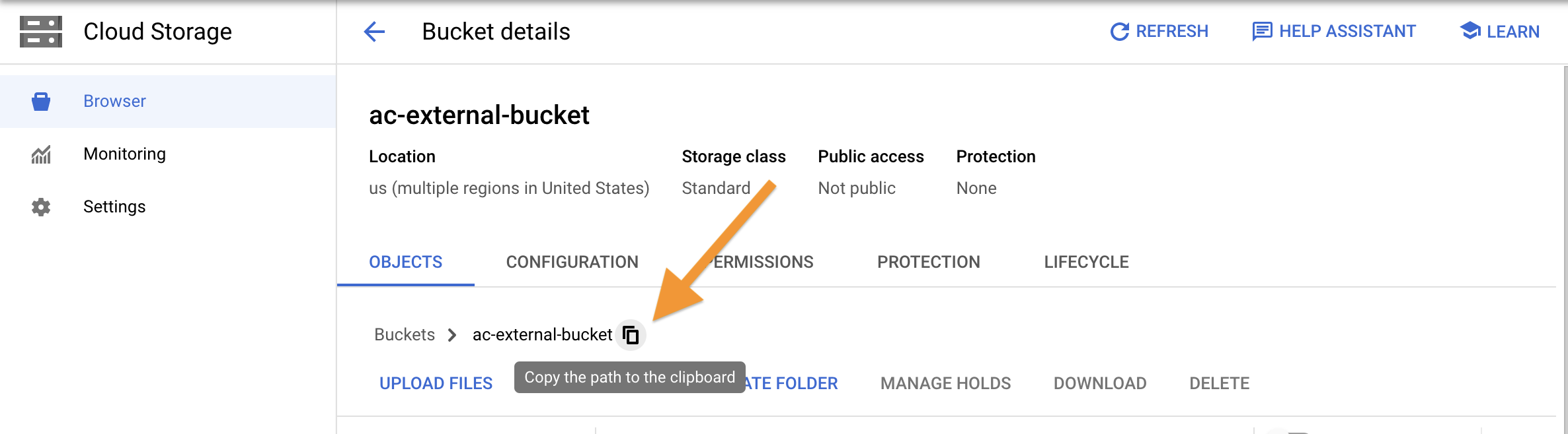 Screenshot showing the icon used to copy the bucket path on the Google Cloud Console.