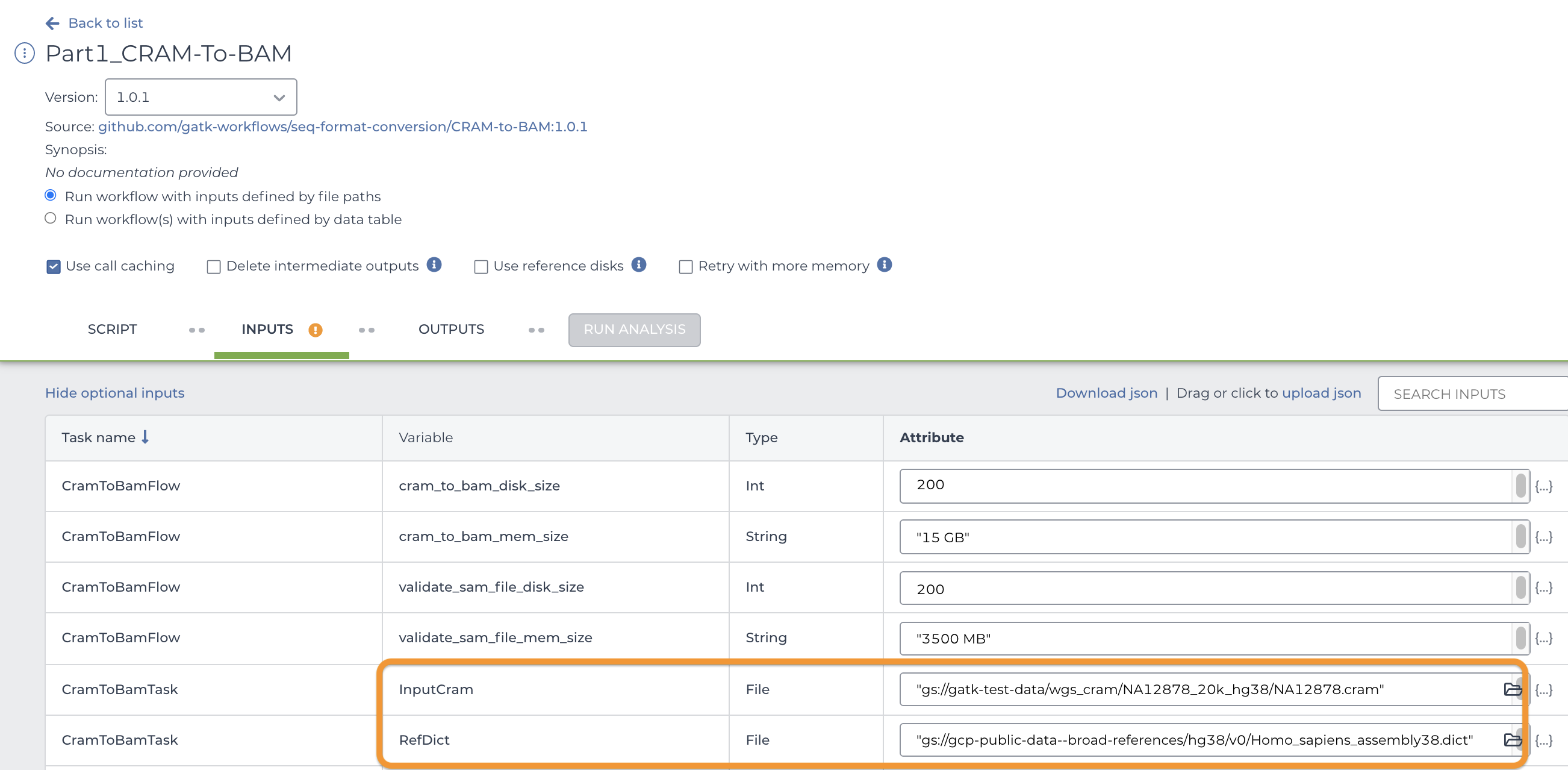 Screenshot of input tab of workflow configuration card with the attriubutes for the InputCram and RefDict variables circled and full gs paths in the attribute field