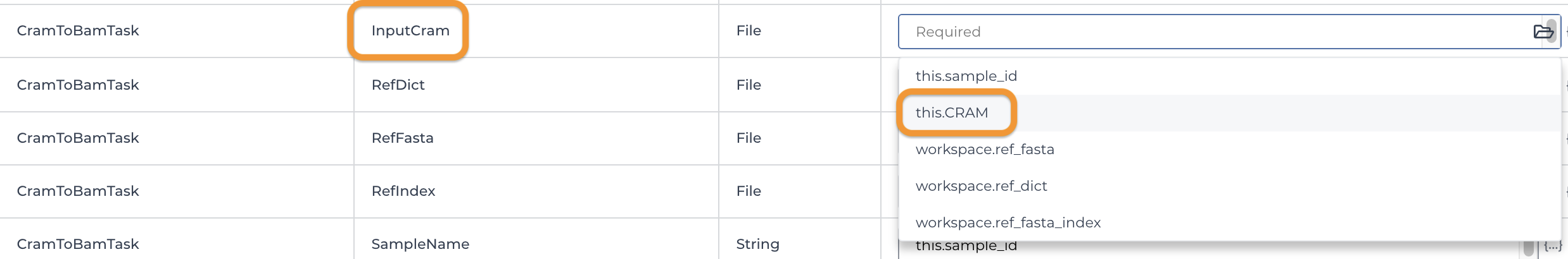 Screenshot of input tab of workflow configuration form with the first variable - InputCram - circled and the entry this.cram circled in the dropdown menu