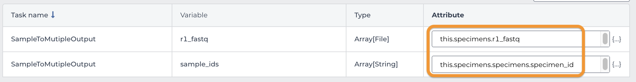 Screenshot of input tab of workflow configuration form with attributes for the first two variables - r1-fastq and sample_id - circled and the entries this.specimens.r1_fasta and this.specimens.specimens_id circled in the dropdown menu