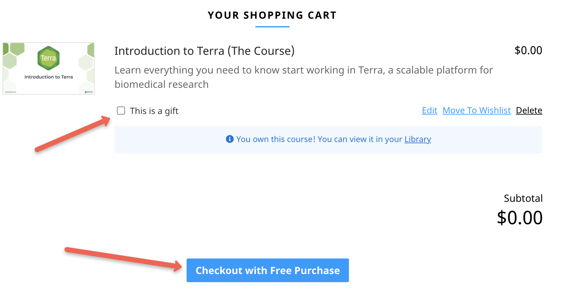 Screenshot of the leanlub shopping cart with Intro to Terra in the cart. An arrow points to the This is a gift option at the top left and a blue Checkout with free purchase button at the bottom.