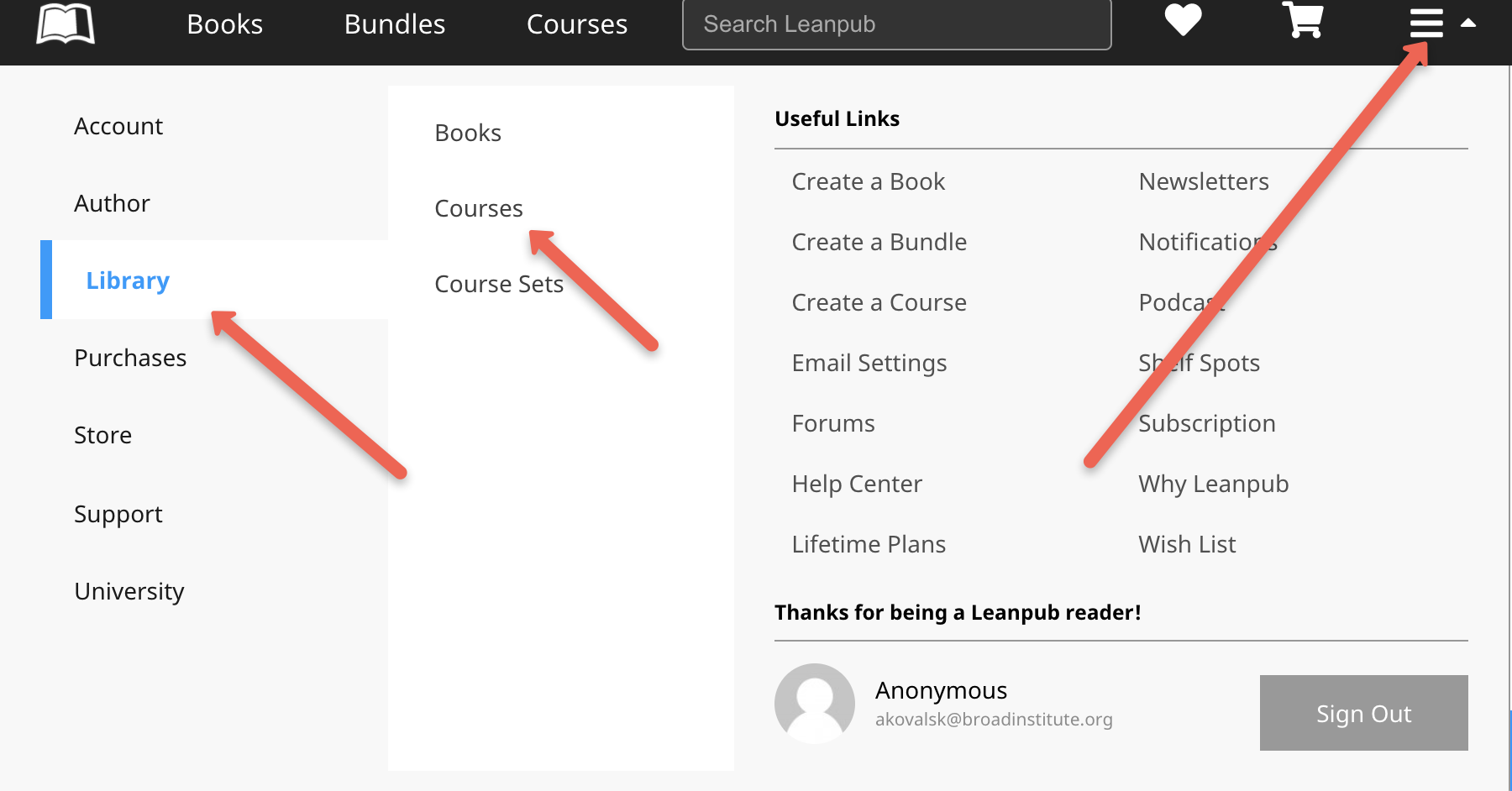 Screenshot of Leanpub with arrows pointing to the main navigation - three parallel lines at the top right of the page - plus the library tab in the left column, and the Library tab in the middle column.