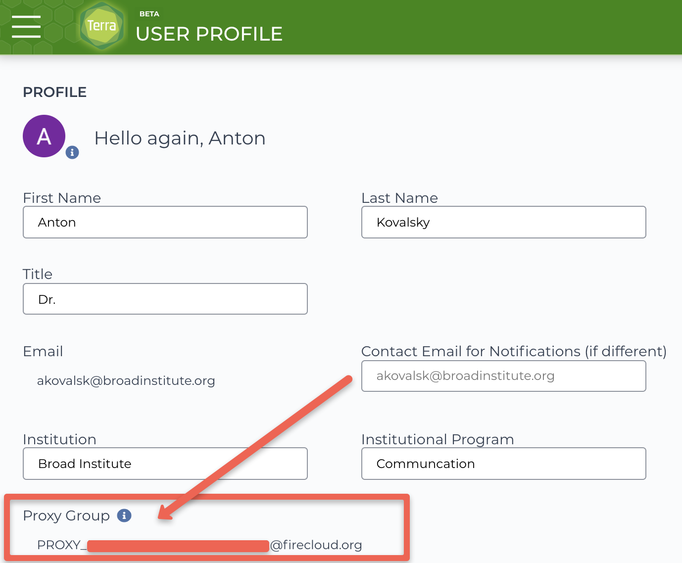 Screenshot of Terra user profile page with proxy group - found below the institution field - highlighted