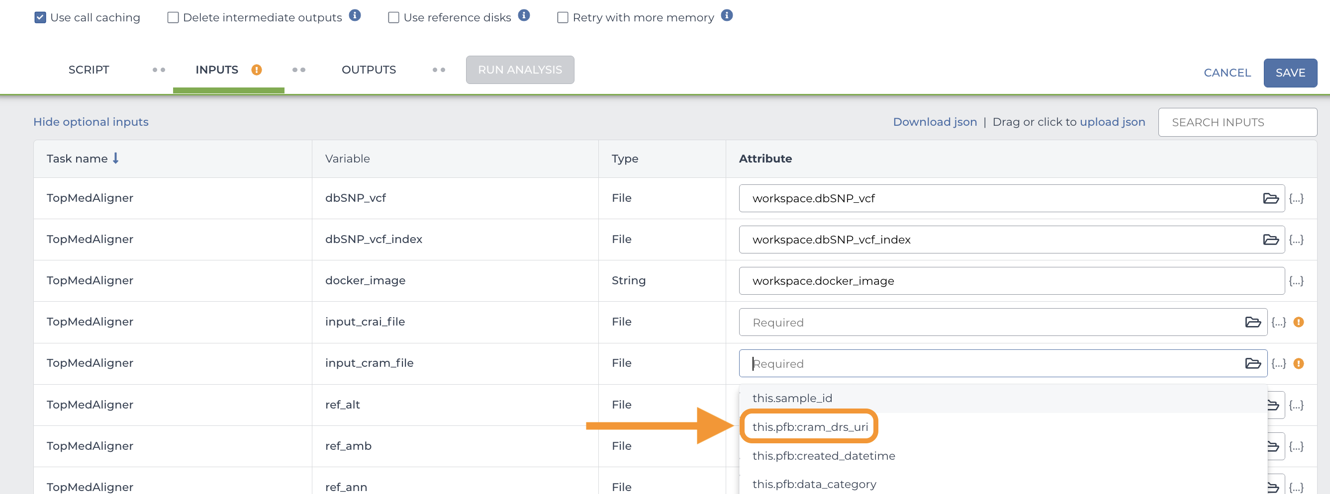 Screenshot of the inputs tab of the workflow configuration card with the attribute this.pfb:cram_drs_uricircled from the dropdown for the variable input_cram_file