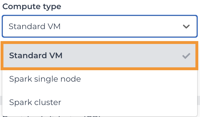Screenshot of the drop-down menu used to select a VM type. An orange rectangle highlights the Standard VM option, which is the only type of VM that is compatible with GPUs.