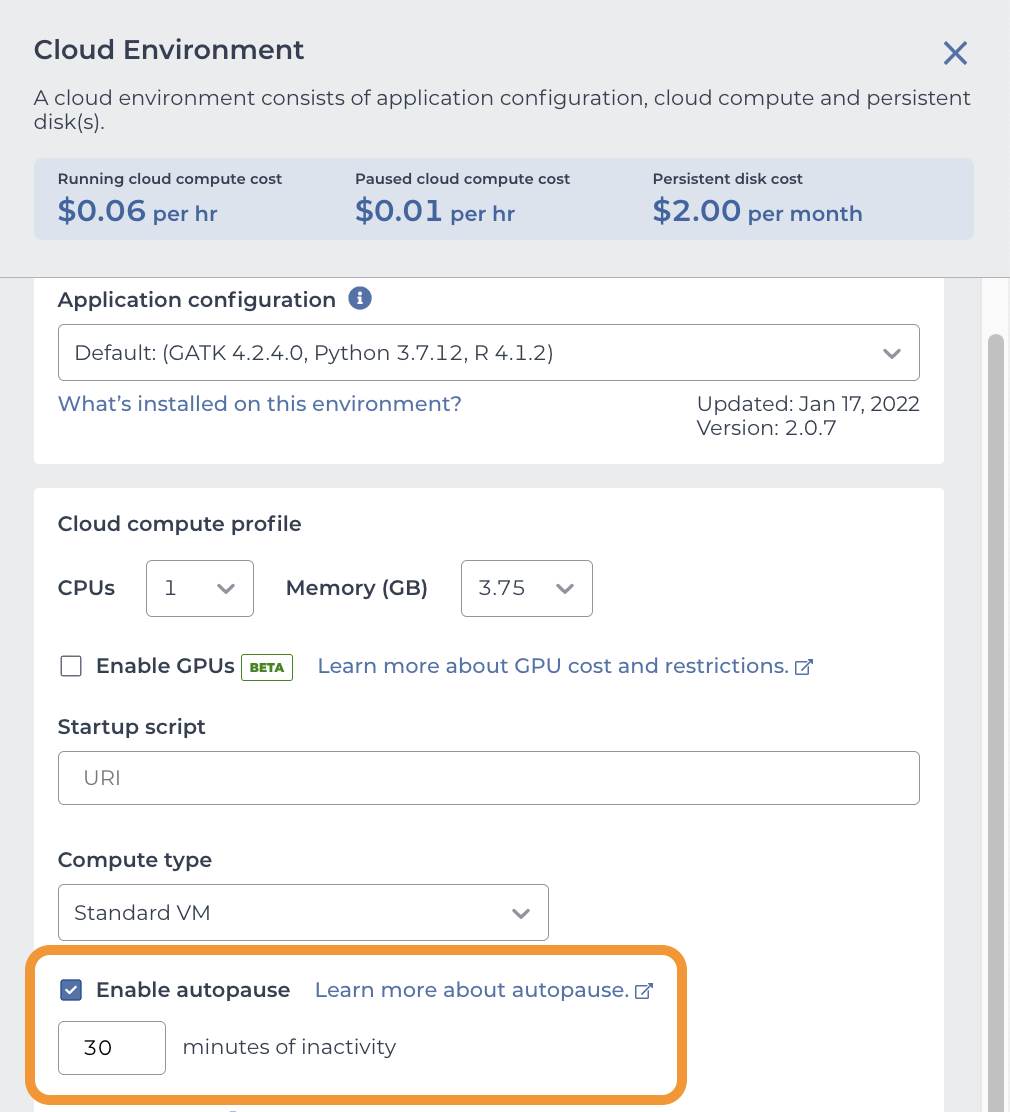Screenshot of Cloud Environment configuration pane with the Enable Autopause option highlighted